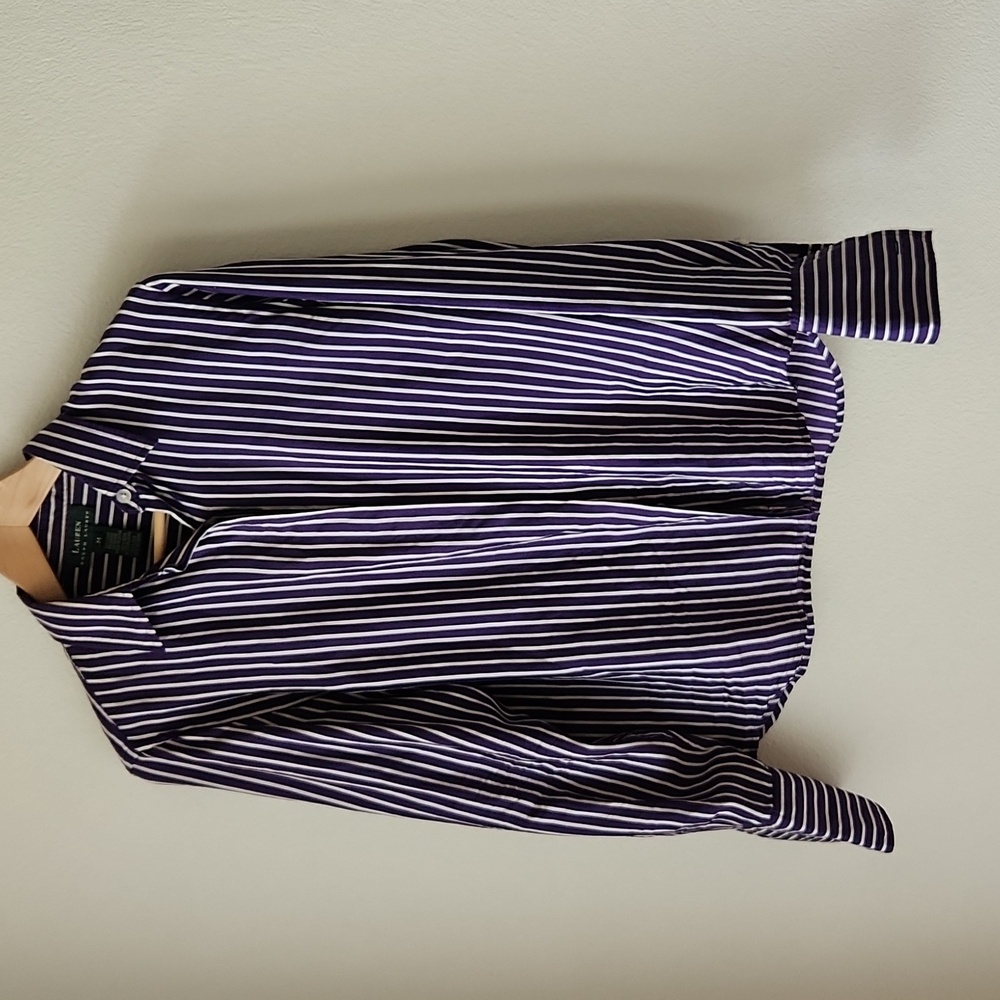Lauren Ralph Lauren 100% silk purple & white stripe long sleeve blouse top Sz M